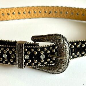 Guess Black Suede Studded Western Style Belt Silver Buckle Size Large